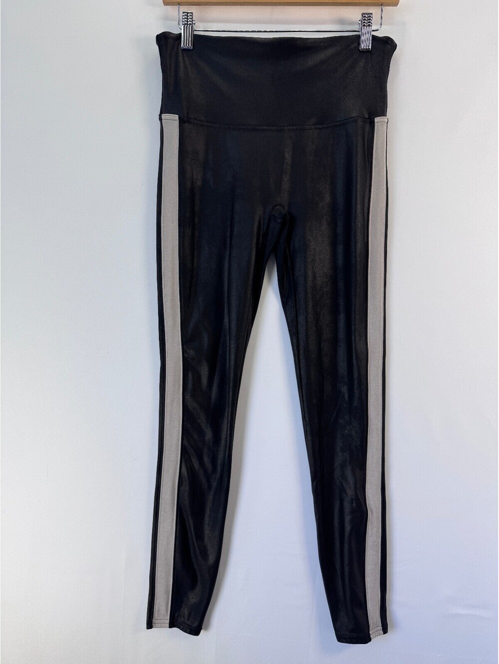 Spanx Faux Leather Side Stripe Leggings Black High Rise Tummy Control Womens S